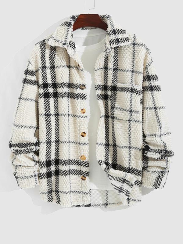 Men's Plaid Print Button Front Fleece Jacket, Regular Fit Casual Drop Shoulder Long Sleeve Outerwear for Fall & Winter, Men's Clothes for Daily Wear