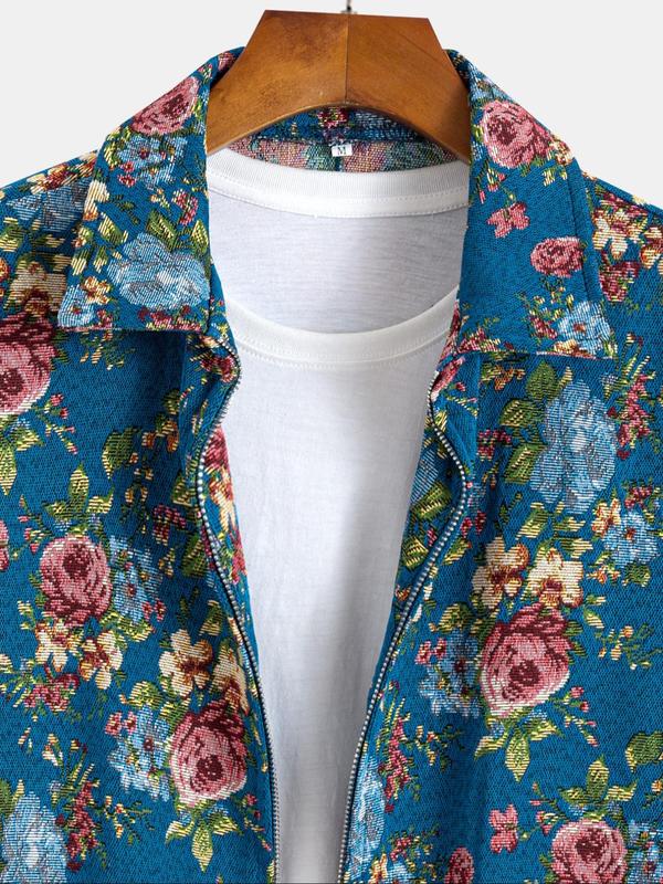 Men's Floral Print Button Zipper Jacket, Loose Casual Long Sleeve Collared Outerwear for Fall & Winter, Jackets for Men 2024, Men's Clothes for Daily Wear