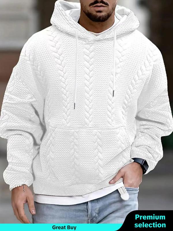 Men's Solid Textured Drawstring Hoodie, Casual Comfortable Fashion Loose Drop Shoulder Long Sleeve Hooded Sweatshirt for Fall & Winter, Men's Clothes for Daily Wear Poser Hoodie