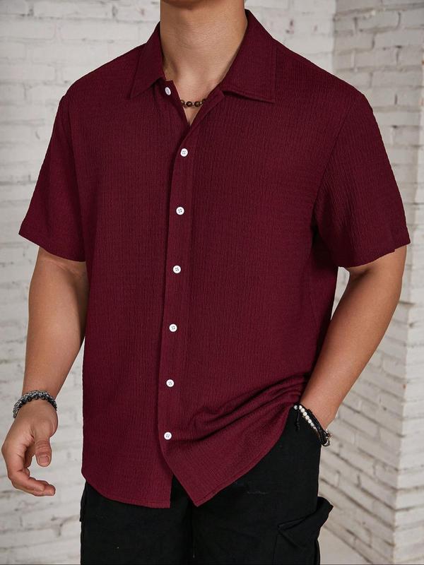 Men's Textured Button Front Shirt, Casual Regular Fit Short Sleeve Collar Top, Back-to-School Clothing, Shirts for Men, Fashion Streetwear Men's Summer Clothes for Daily Wear, Birthday Gifts