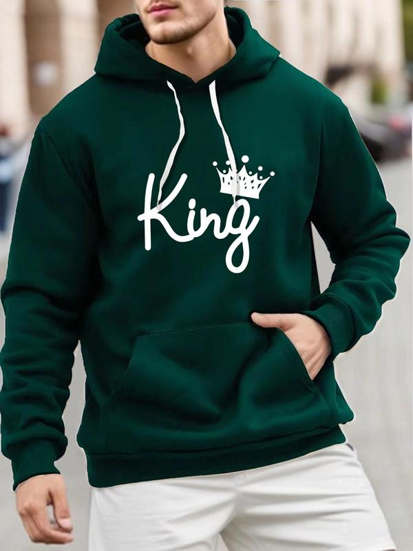 Men's Letter & Crown Print Drop Shoulder Thermal Lined Hoodie, Fashion Casual Regular Fit Drawstring Pocket Hooded Sweatshirt for Daily Holiday Outdoor Wear, Men Clothes for Fall & Winter