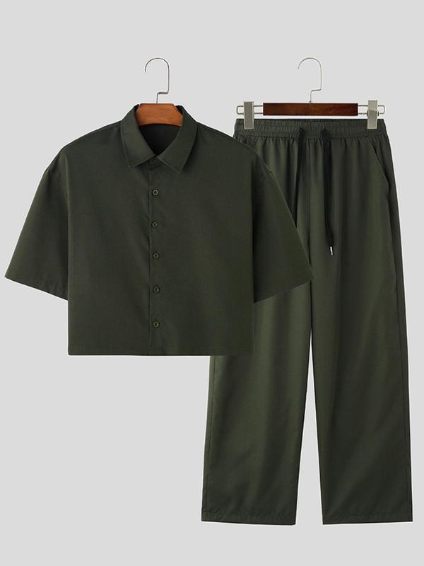 Men's Solid Button Front Shirt & Drawstring Waist Pants Two-piece Set, Loose Casual Short Sleeve Collared Top & Pocket Trousers for Summer, Men's Two-piece Outfits for Daily Wear