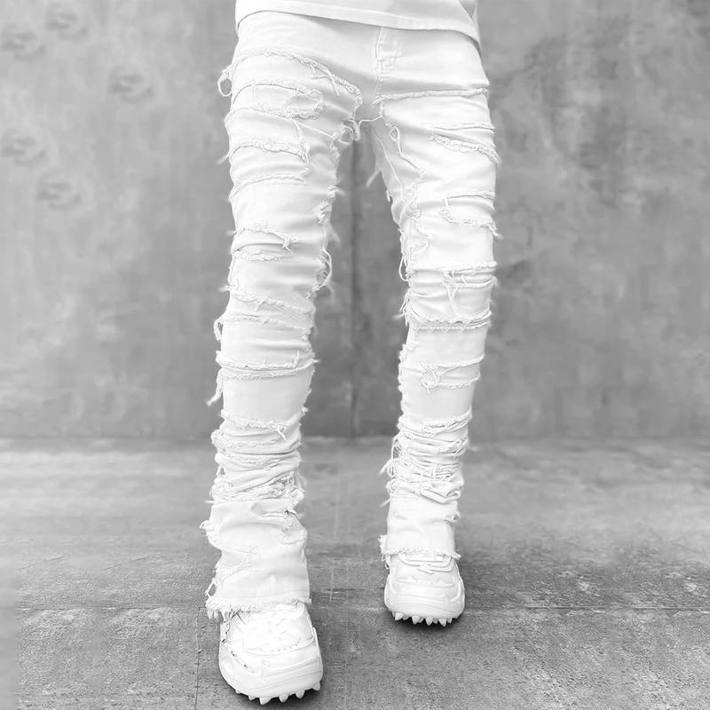 Men's Black Stacked Jeans Ripped Jeans Patch Distressed Destroyed Denim Trousers Streetwear Men Pants Daily Fit