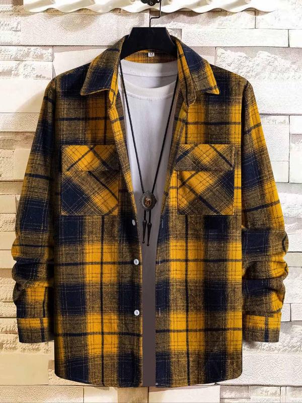 Men's Plaid Print Button Front Shirt, Regular Fit Casual Long Sleeve Collared Top for Winter, Men's Clothes for Daily Wear