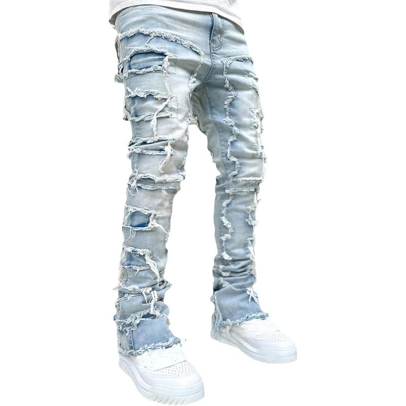 Men's Black Stacked Jeans Ripped Jeans Patch Distressed Destroyed Denim Trousers Streetwear Men Pants Daily Fit