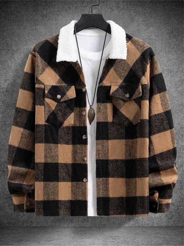 Men's Plaid Print Button Front Flap Pocket Jacket, Regular Fit Casual Long Sleeve Collared Outerwear for Fall & Winter, Men's Clothes for Daily Wear