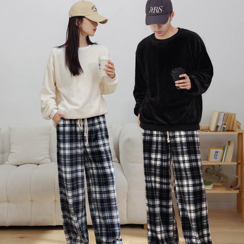 Winter Style Thickened Loungewear Couple Suit Loose Pullover Top with Plaid Pajama Pants Men's Women's Outer Pajamas