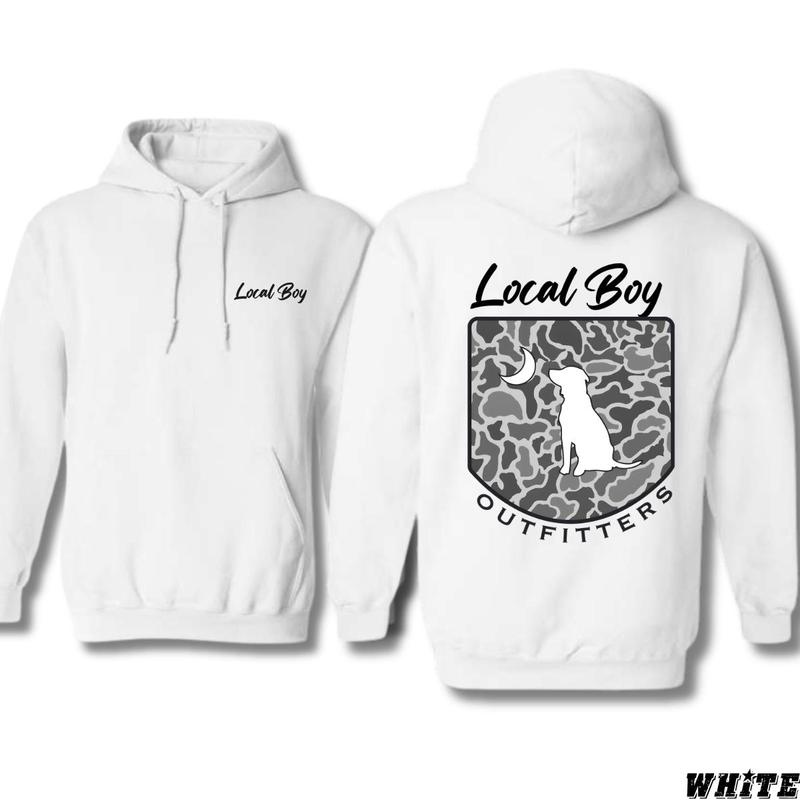 Local Boy Outfitters Hoodie - Classic camouflage design featuring a dog and moon graphic, perfect for nature lovers, unisex hoodie offering comfort and made for wilderness explorers, designed for men.