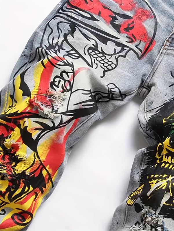 HOT Mens Graffiti Doodle Slim Fit Distressed Punk Jeans - Trendy Streetwear Denim Pants with Unique Pattern Ripped Knees and Five Pocket Design - Perfect for Hip Hop Fashion Enthusiasts