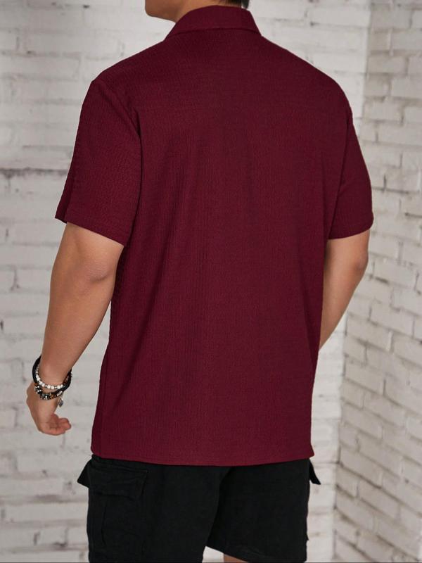 Men's Textured Button Front Shirt, Casual Regular Fit Short Sleeve Collar Top, Back-to-School Clothing, Shirts for Men, Fashion Streetwear Men's Summer Clothes for Daily Wear, Birthday Gifts