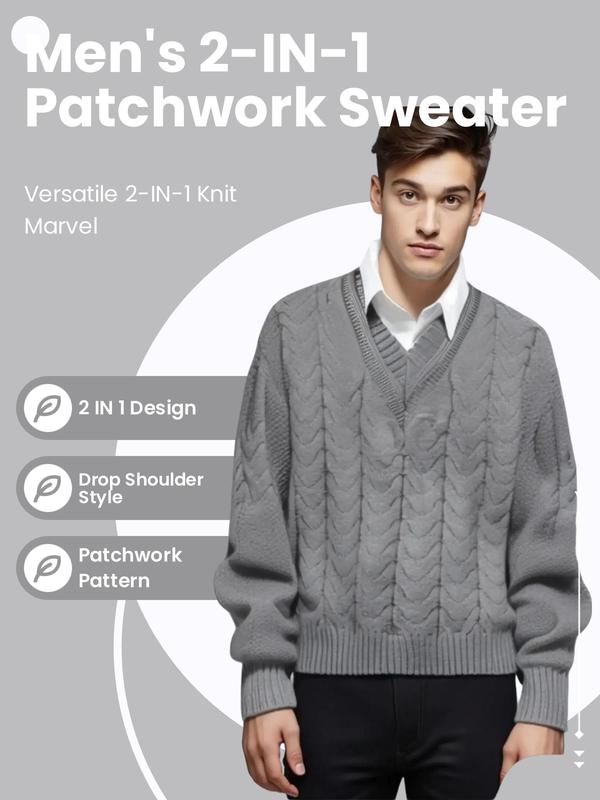 Men's Patchwork 2-IN-1 Textured Drop Shoulder Cable Knit Sweater, Loose Casual Long Sleeve Half Button Jumper for Spring & Fall, Fashion Men's Knitwear for Daily Wear