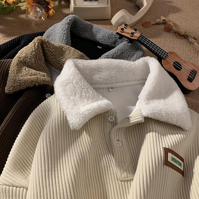 2024 Corduroy Polo collar sweater coupleautumn and winter style plus velvet thickenedsimple fashion lamb wool coat