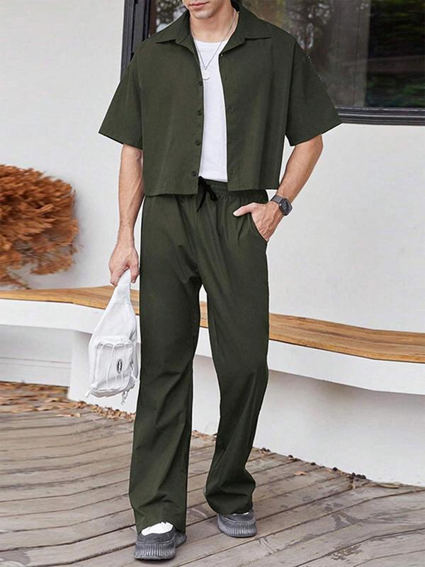 Men's Solid Button Front Shirt & Drawstring Waist Pants Two-piece Set, Loose Casual Short Sleeve Collared Top & Pocket Trousers for Summer, Men's Two-piece Outfits for Daily Wear