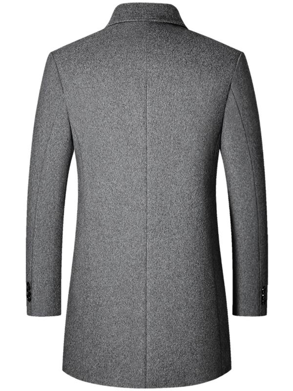 Men's Solid Button Front Long Sleeve Wool Coat, Regular Fit Business Pocket Collared Outerwear for Fall & Winter, Men's Clothes for Daily Wear