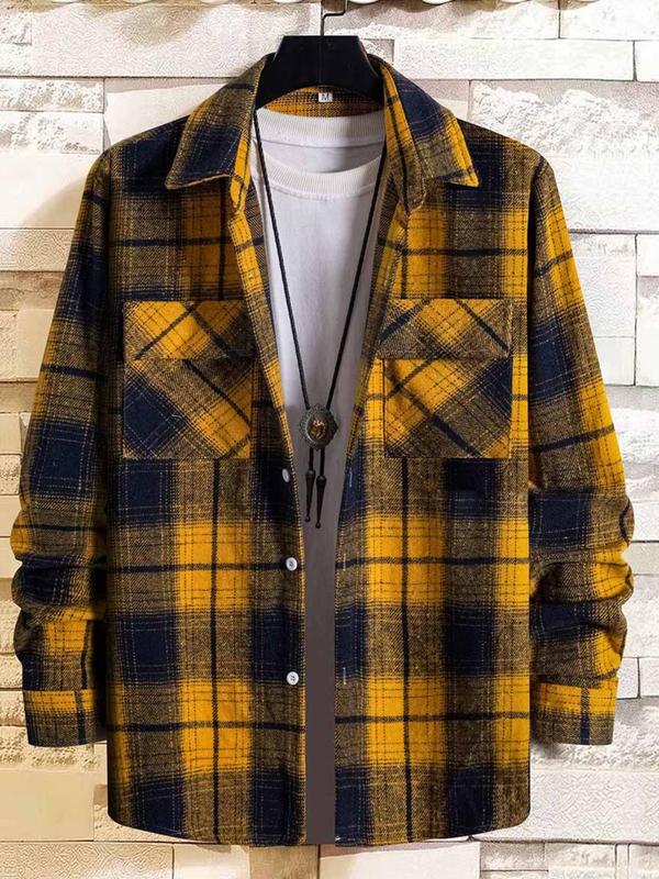 Men's Plaid Print Button Front Shirt, Regular Fit Casual Long Sleeve Collared Top for Winter, Men's Clothes for Daily Wear