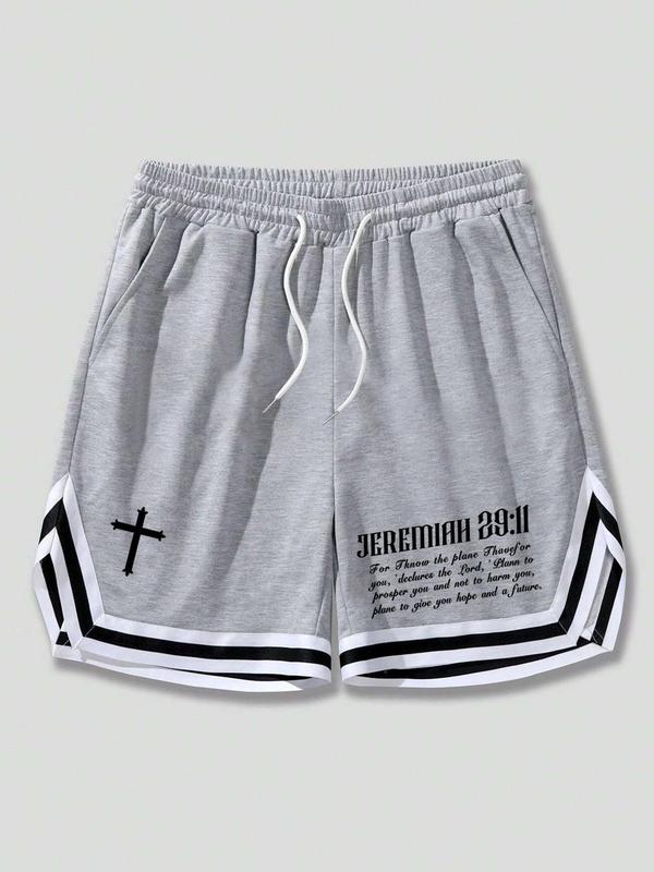 Men's Cross & Letter Print Drawstring Shorts, Loose Casual Streetwear Striped Trim Elastic Waist Pocket Track Shorts for Summer, Fashion Men's Bottoms for Daily Wear