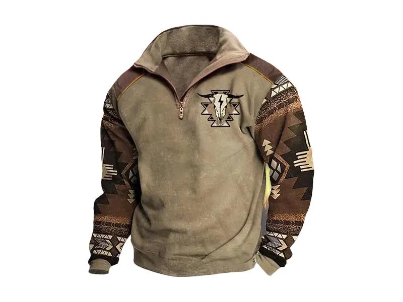 Western Cowboy Men Aztec Hoodie Vintage Graphic Hoodies for Men Oversized Long Sleeve Half Zip Pullover Casual Menswear Stylish Sweaters Tops Underwear Human Khaki