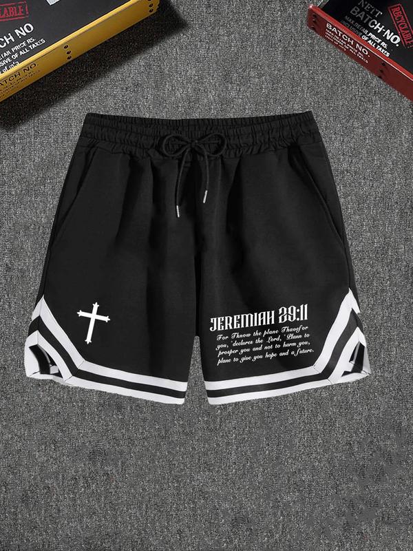 Men's Cross & Letter Print Drawstring Shorts, Loose Casual Streetwear Striped Trim Elastic Waist Pocket Track Shorts for Summer, Fashion Men's Bottoms for Daily Wear