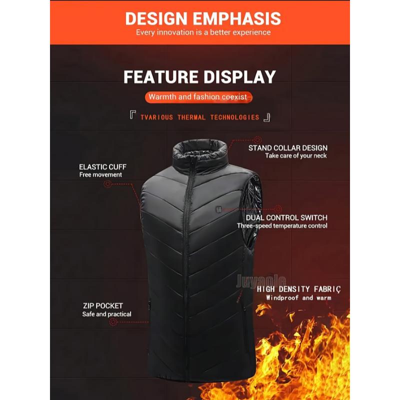 Men's Heated Vest With 9 Smart Heating Zones And 3 Temperature Control Settings - Casual Polyester Sleeveless Stand Collar Jacket USB Power Bank Compatibility Long-lasting Battery Life For Fall Winter