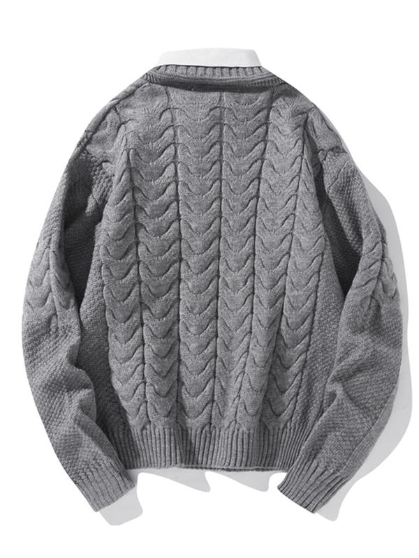 Men's Patchwork 2-IN-1 Textured Drop Shoulder Cable Knit Sweater, Loose Casual Long Sleeve Half Button Jumper for Spring & Fall, Fashion Men's Knitwear for Daily Wear