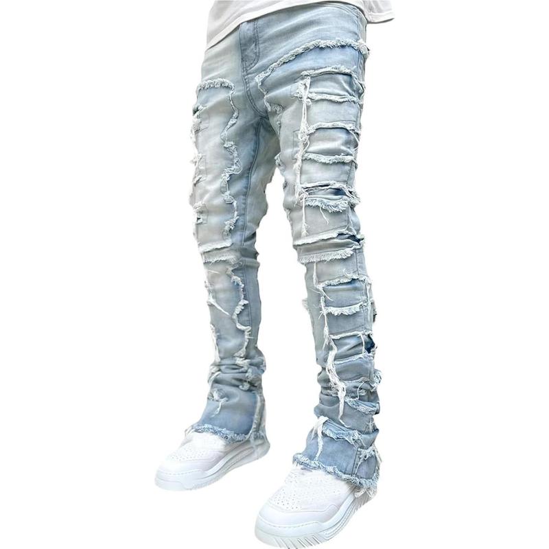 Men's Black Stacked Jeans Ripped Jeans Patch Distressed Destroyed Denim Trousers Streetwear Men Pants Daily Fit