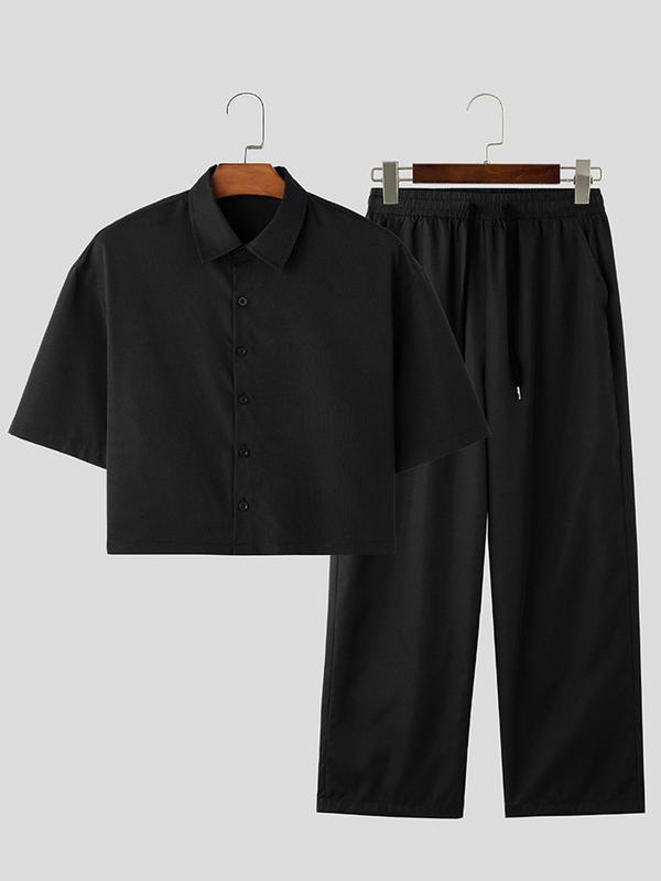 Men's Solid Button Front Shirt & Drawstring Waist Pants Two-piece Set, Loose Casual Short Sleeve Collared Top & Pocket Trousers for Summer, Men's Two-piece Outfits for Daily Wear