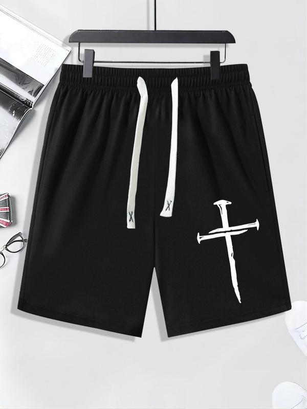 Emo Outfits Men's Stylish Cross Graphic Drawstring Shorts, Regular Fit Casual Breathable Elastic Waist Straight Leg Shorts, Summer Clothes, Shorts for Men, Mens Streetwear Clothing, Menswear