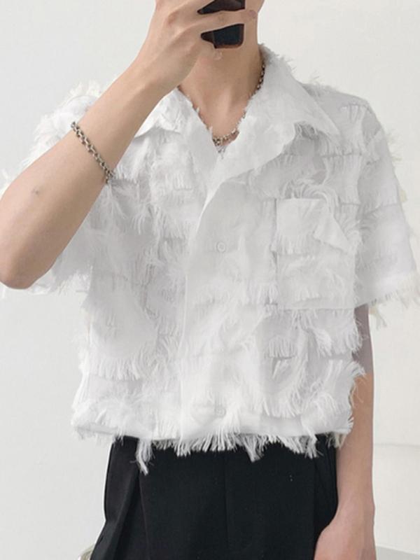 Men's Regular Fit Fringe Design Button Front Shirt, Casual Short Sleeve Collared Top for Summer, Fashion Men's Clothes for Daily Wear