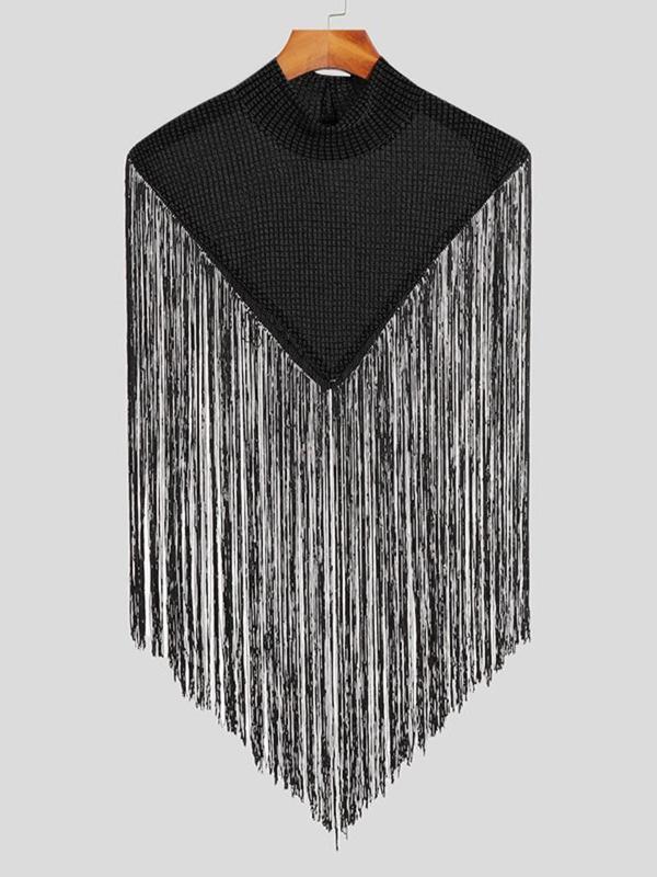 Men's Regular Fit Fringe Trim Mock Neck Cloak, Fashion Street Tassel Hem Top for Daily Holiday Vacation Outdoor Wear, Men's Clothes for Summer