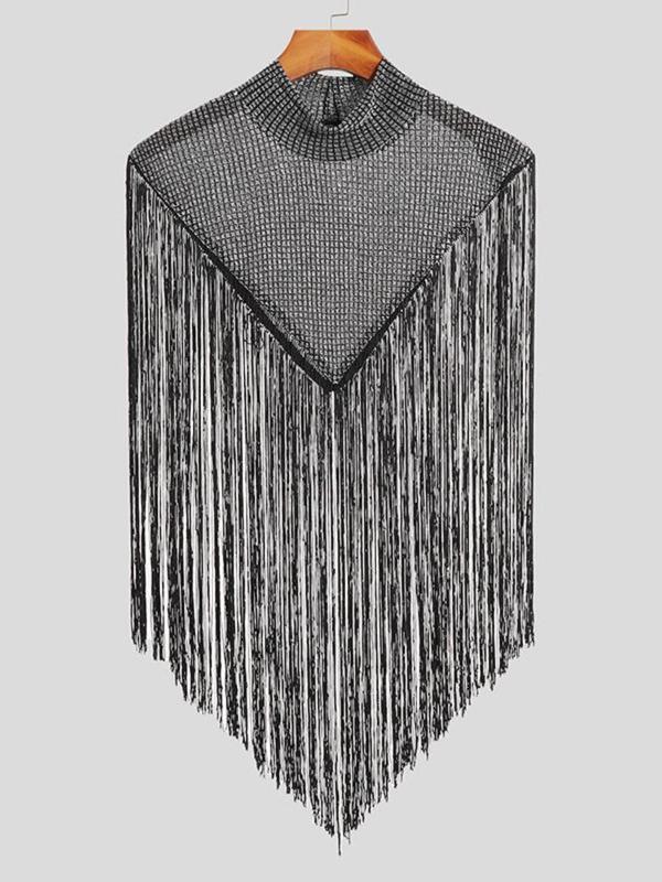 Men's Regular Fit Fringe Trim Mock Neck Cloak, Fashion Street Tassel Hem Top for Daily Holiday Vacation Outdoor Wear, Men's Clothes for Summer