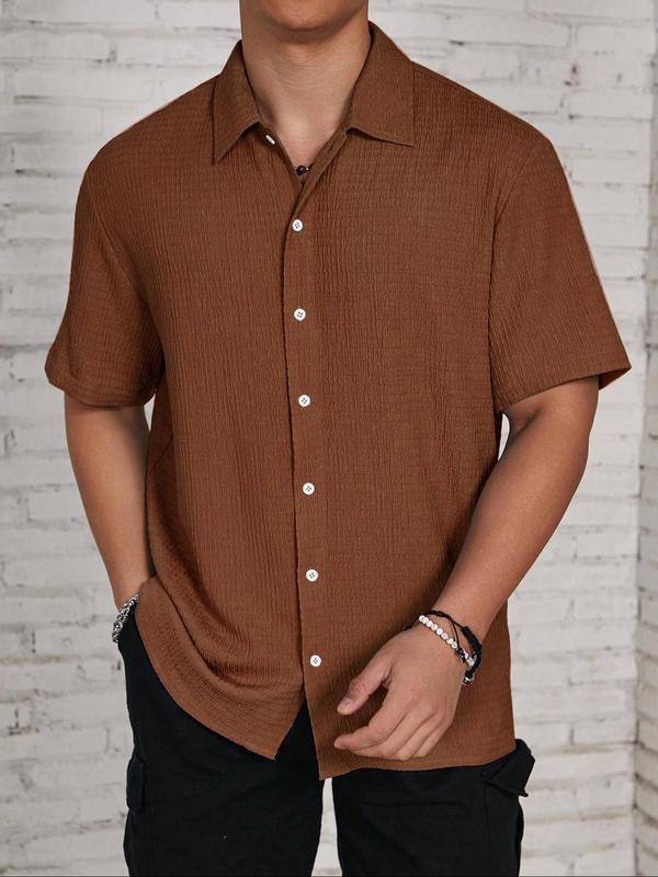 Men's Textured Button Front Shirt, Casual Regular Fit Short Sleeve Collar Top, Back-to-School Clothing, Shirts for Men, Fashion Streetwear Men's Summer Clothes for Daily Wear, Birthday Gifts