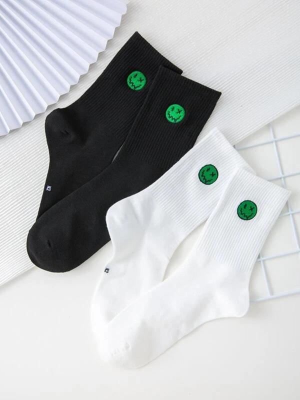 Men's 2 Pairs Cartoon Expression Print Crew Socks, Casual Moisture Wicking Socks, Soft Comfy Breathable Socks For All Seasons Daily Wear