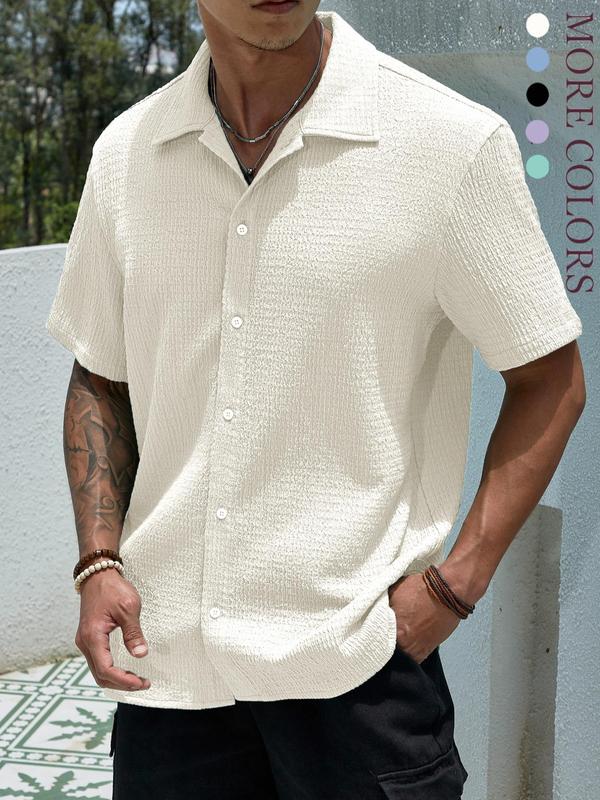 Men's Textured Button Front Shirt, Casual Regular Fit Short Sleeve Collar Top, Back-to-School Clothing, Shirts for Men, Fashion Streetwear Men's Summer Clothes for Daily Wear, Birthday Gifts