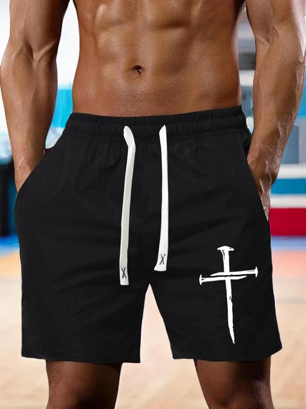 Emo Outfits Men's Stylish Cross Graphic Drawstring Shorts, Regular Fit Casual Breathable Elastic Waist Straight Leg Shorts, Summer Clothes, Shorts for Men, Mens Streetwear Clothing, Menswear