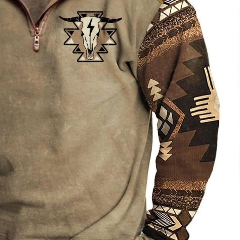 Western Cowboy Men Aztec Hoodie Vintage Graphic Hoodies for Men Oversized Long Sleeve Half Zip Pullover Casual Menswear Stylish Sweaters Tops Underwear Human Khaki