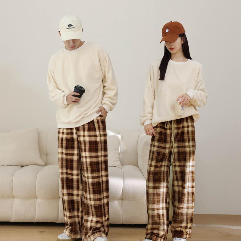 Winter Style Thickened Loungewear Couple Suit Loose Pullover Top with Plaid Pajama Pants Men's Women's Outer Pajamas