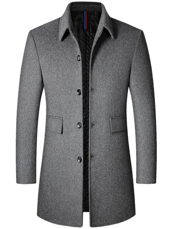 Men's Solid Button Front Long Sleeve Wool Coat, Regular Fit Business Pocket Collared Outerwear for Fall & Winter, Men's Clothes for Daily Wear