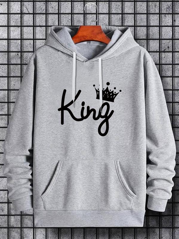 Men's Letter & Crown Print Drop Shoulder Thermal Lined Hoodie, Fashion Casual Regular Fit Drawstring Pocket Hooded Sweatshirt for Daily Holiday Outdoor Wear, Men Clothes for Fall & Winter