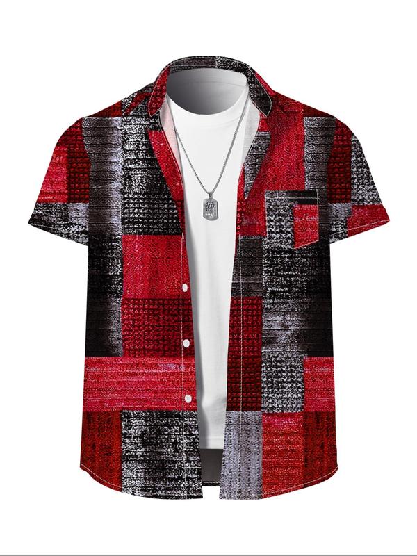 Men's Regular Fit Patchwork Print Button Front Shirt, Casual Short Sleeve Collared Shirt for Summer, Fashion Men's Top for Daily Wear