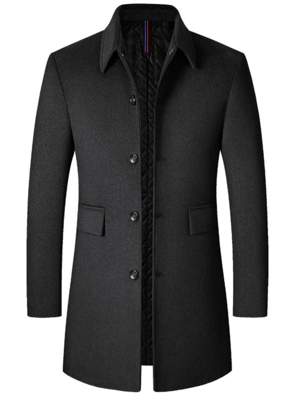 Men's Solid Button Front Long Sleeve Wool Coat, Regular Fit Business Pocket Collared Outerwear for Fall & Winter, Men's Clothes for Daily Wear