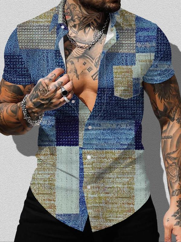 Men's Regular Fit Patchwork Print Button Front Shirt, Casual Short Sleeve Collared Shirt for Summer, Fashion Men's Top for Daily Wear