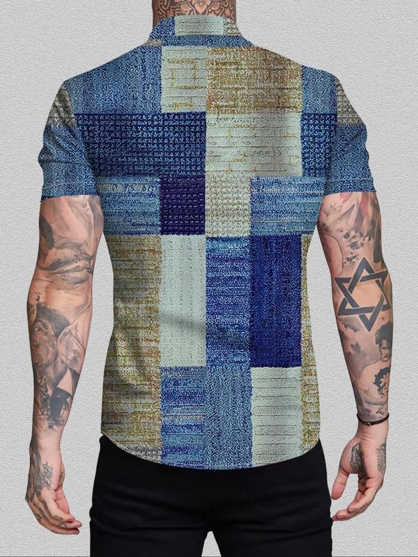 Men's Regular Fit Patchwork Print Button Front Shirt, Casual Short Sleeve Collared Shirt for Summer, Fashion Men's Top for Daily Wear