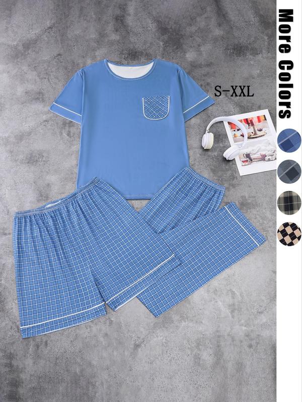 Three-Piece Set Men's Colorblock Print Short Sleeve Pocket Tee & Plaid Printed Elastic Waist Shorts & Pants Pajama Set, Casual Comfy Three Piece PJ Set, Men's Sleepwear for All Seasons