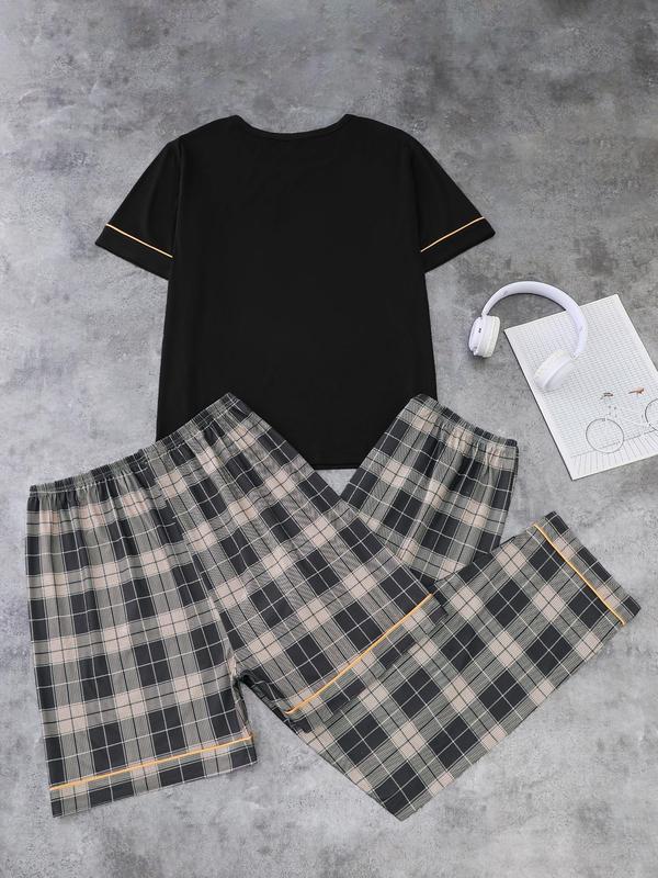 Three-Piece Set Men's Colorblock Print Short Sleeve Pocket Tee & Plaid Printed Elastic Waist Shorts & Pants Pajama Set, Casual Comfy Three Piece PJ Set, Men's Sleepwear for All Seasons