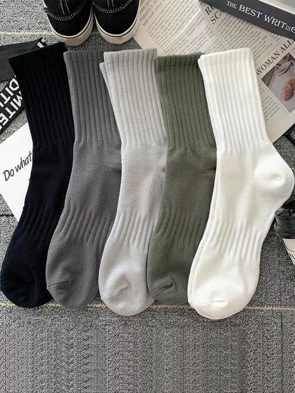 Men's Solid Crew Socks, Casual Basic Simple Mid Calf Socks for Daily Wear, Men's Socks for All Seasons