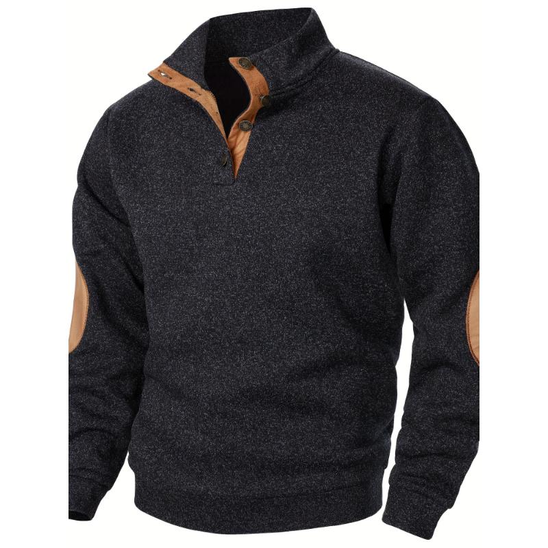 Men's Color Blocking Patched Stand Collar Sweater For Autumn And Winter, Casual Trendy Top As Gift Knitwear Menswear