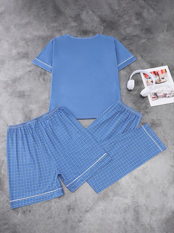 Three-Piece Set Men's Colorblock Print Short Sleeve Pocket Tee & Plaid Printed Elastic Waist Shorts & Pants Pajama Set, Casual Comfy Three Piece PJ Set, Men's Sleepwear for All Seasons