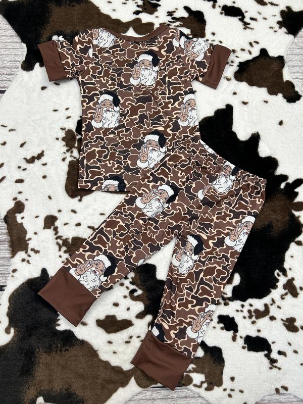 BSPO0480--Santa brown camo Christmas short sleeved pant pajama set