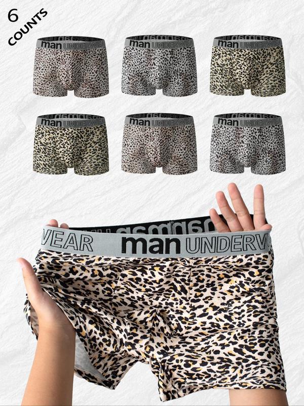 Men's Leopard Print Letter Tape Boxer Briefs, Breathable Comfortable Underwear for Daily Wear, Casual Men's Underwear for All Seasons