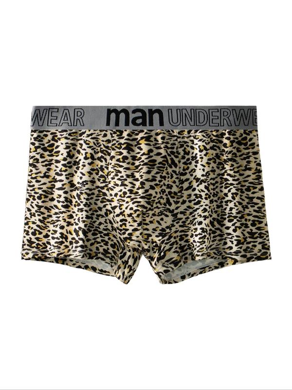 Men's Leopard Print Letter Tape Boxer Briefs, Breathable Comfortable Underwear for Daily Wear, Casual Men's Underwear for All Seasons